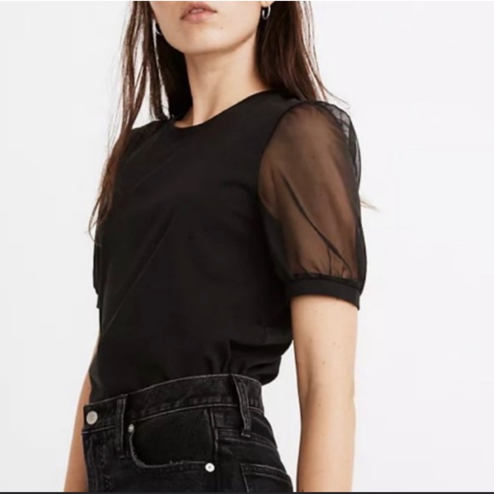 NWOT Madewell Black Sheer Sleeve Knit Top Size Medium
